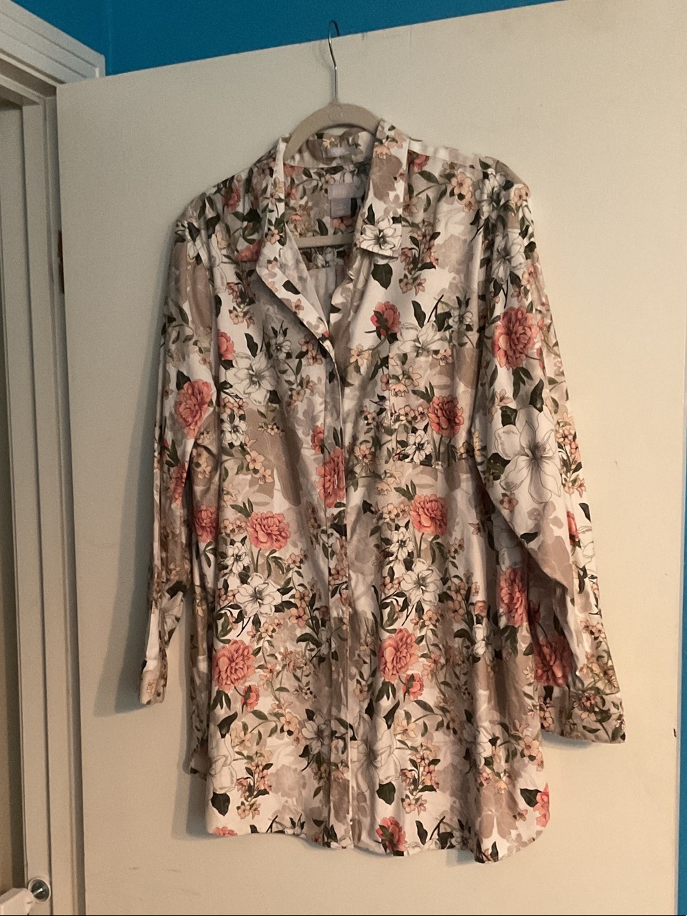 Chico's Cream Floral Button-Down Shirt with Pink Roses